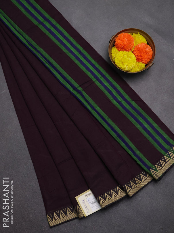 Narayanpet cotton saree deep wine with plain body and temple design thread woven border