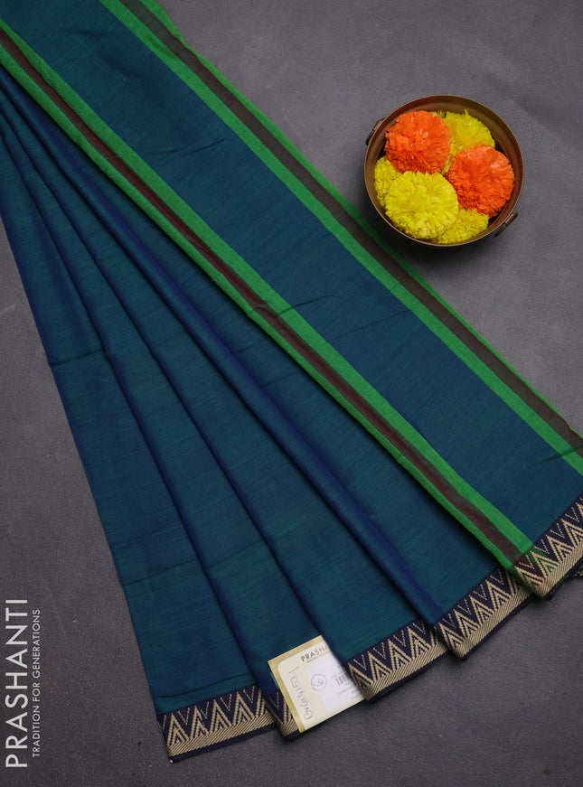 Narayanpet cotton saree dual shade of bluish green and navy blue with plain body and temple design thread woven border
