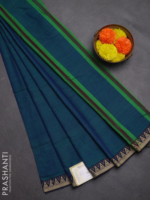 Narayanpet cotton saree dual shade of bluish green and navy blue with plain body and temple design thread woven border