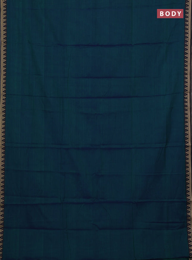Narayanpet cotton saree dual shade of bluish green and navy blue with plain body and temple design thread woven border