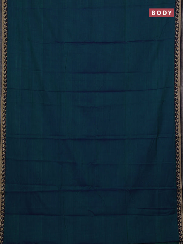 Narayanpet cotton saree dual shade of bluish green and navy blue with plain body and temple design thread woven border