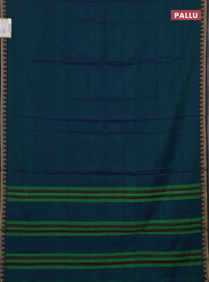 Narayanpet cotton saree dual shade of bluish green and navy blue with plain body and temple design thread woven border