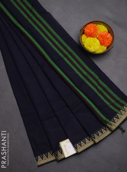 Narayanpet cotton saree navy blue with plain body and temple design thread woven border