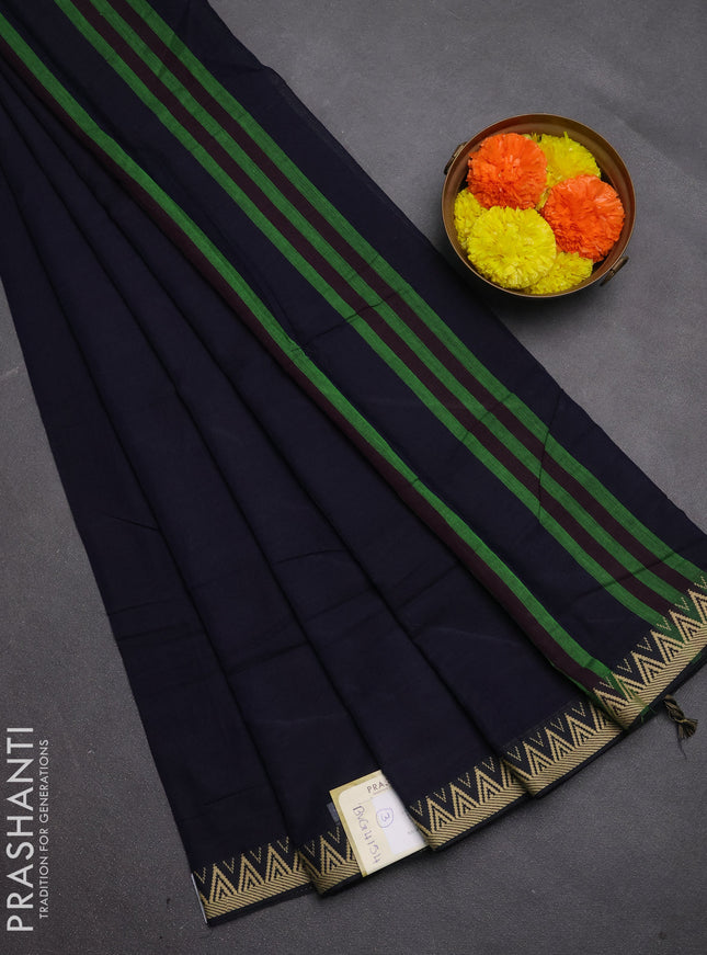 Narayanpet cotton saree navy blue with plain body and temple design thread woven border
