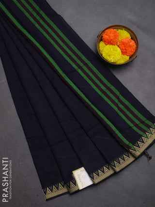 Narayanpet cotton saree navy blue with plain body and temple design thread woven border