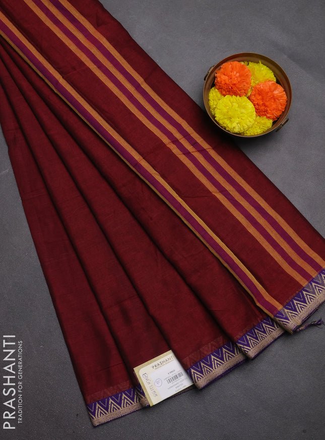 Narayanpet cotton saree maroon and purple with plain body and temple design thread woven border