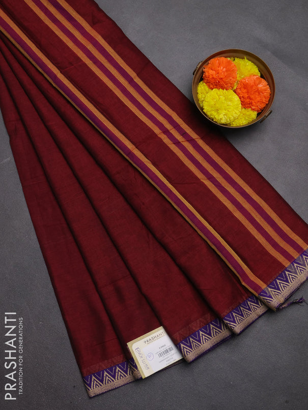 Narayanpet cotton saree maroon and purple with plain body and temple design thread woven border