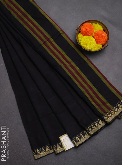 Narayanpet cotton saree black with plain body and temple design thread woven border