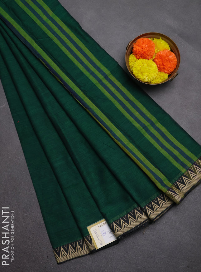 Narayanpet cotton saree green with plain body and temple design thread woven border
