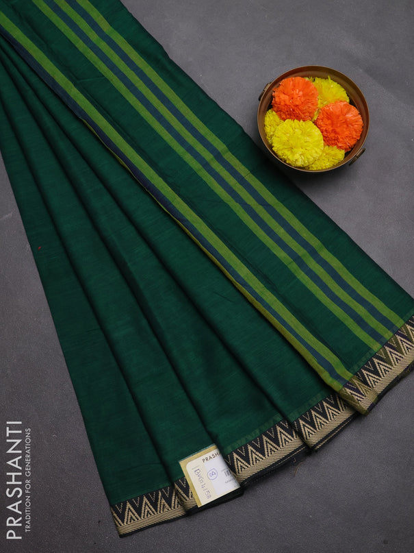 Narayanpet cotton saree green with plain body and temple design thread woven border