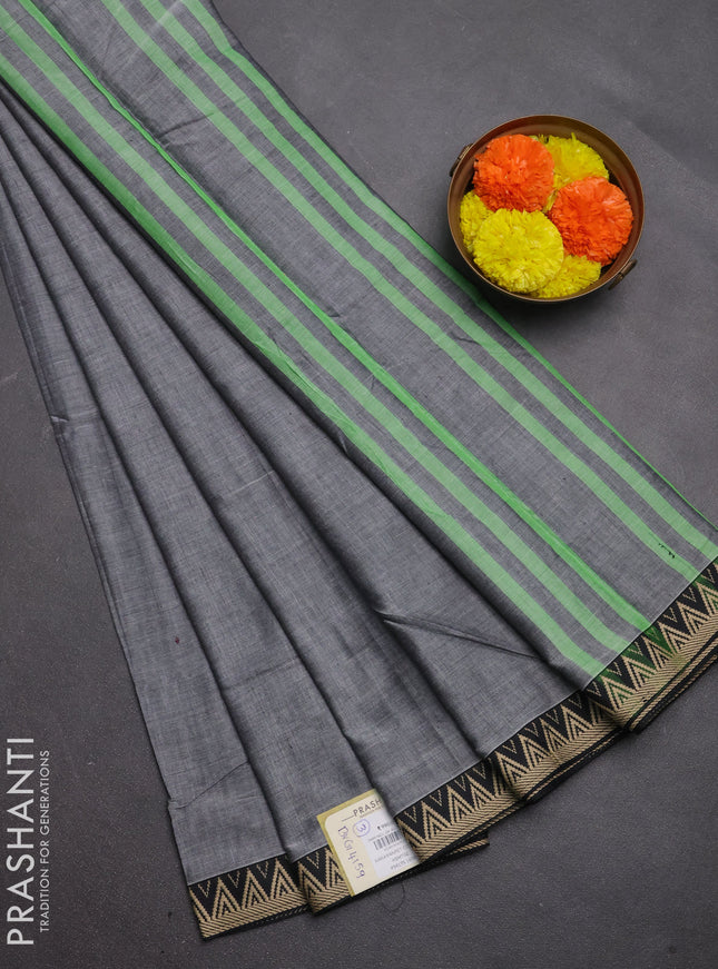 Narayanpet cotton saree grey and black with plain body and temple design thread woven border