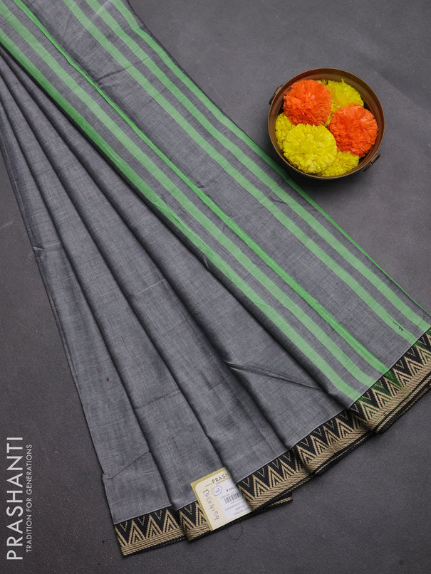 Narayanpet cotton saree grey and black with plain body and temple design thread woven border