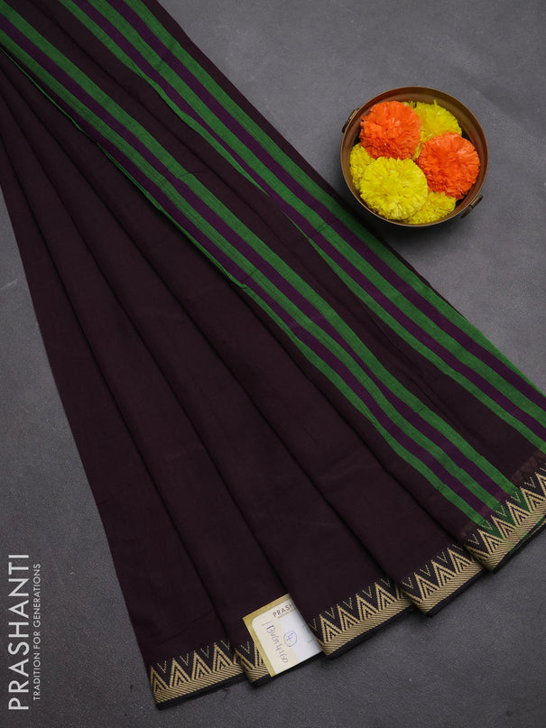 Narayanpet cotton saree deep wine with plain body and temple design thread woven border