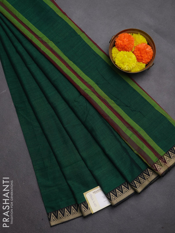 Narayanpet cotton saree green with plain body and temple design thread woven border
