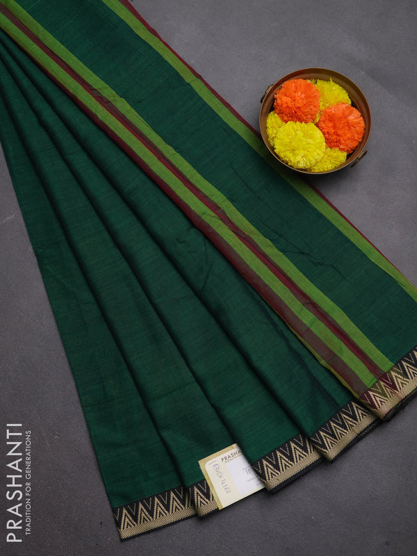 Narayanpet cotton saree green with plain body and temple design thread woven border