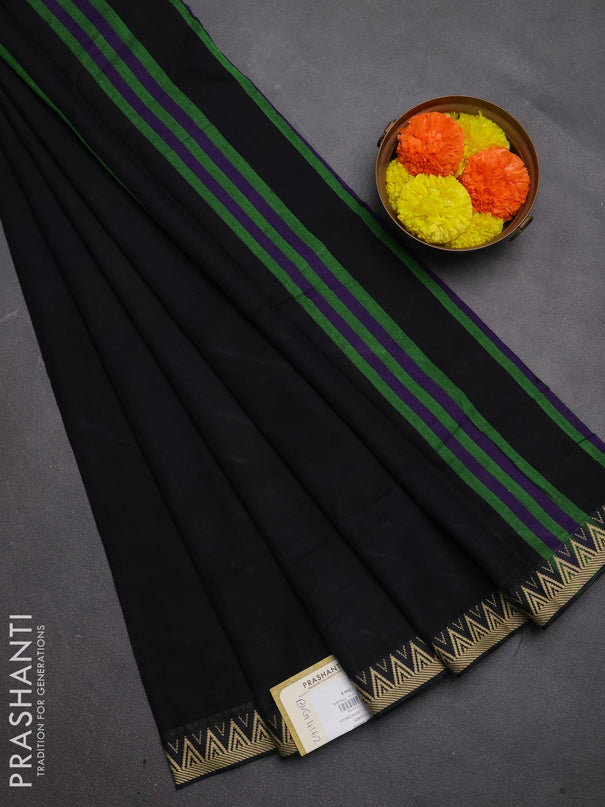 Narayanpet cotton saree black with plain body and temple design thread woven border