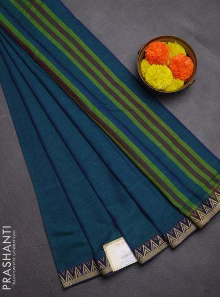 Narayanpet cotton saree dual shade of bluish green and navy blue with plain body and temple design thread woven border