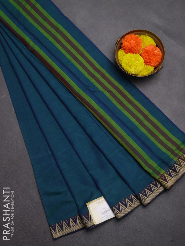 Narayanpet cotton saree dual shade of bluish green and navy blue with plain body and temple design thread woven border