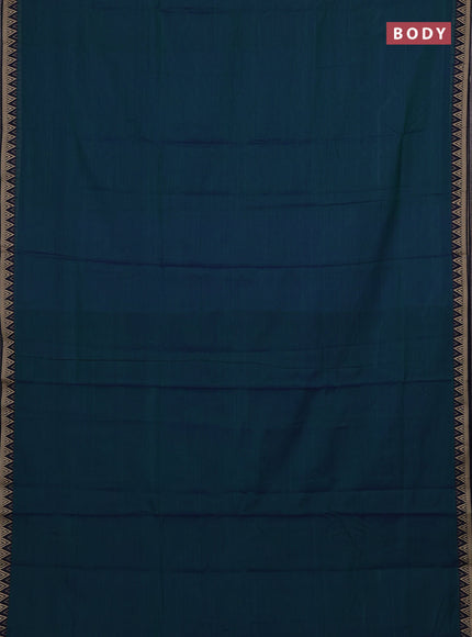 Narayanpet cotton saree dual shade of bluish green and navy blue with plain body and temple design thread woven border