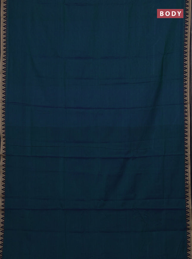 Narayanpet cotton saree dual shade of bluish green and navy blue with plain body and temple design thread woven border