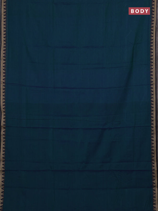 Narayanpet cotton saree dual shade of bluish green and navy blue with plain body and temple design thread woven border