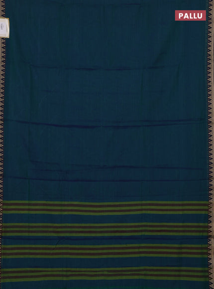 Narayanpet cotton saree dual shade of bluish green and navy blue with plain body and temple design thread woven border