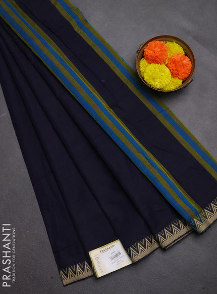 Narayanpet cotton saree navy blue with plain body and temple design thread woven border