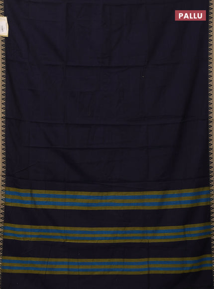Narayanpet cotton saree navy blue with plain body and temple design thread woven border