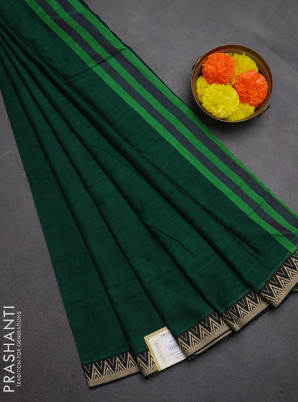 Narayanpet cotton saree green and bottle green with plain body and temple design thread woven border