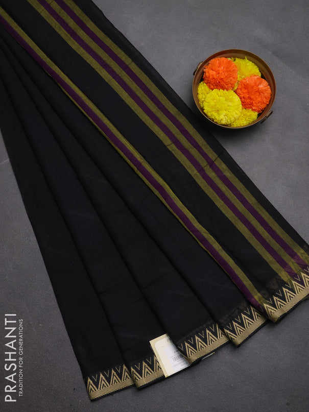 Narayanpet cotton saree black with plain body and temple design thread woven border