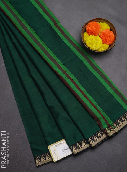 Narayanpet cotton saree green and black with plain body and temple design thread woven border