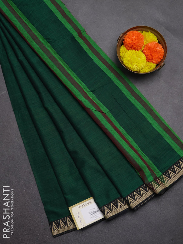 Narayanpet cotton saree green and black with plain body and temple design thread woven border