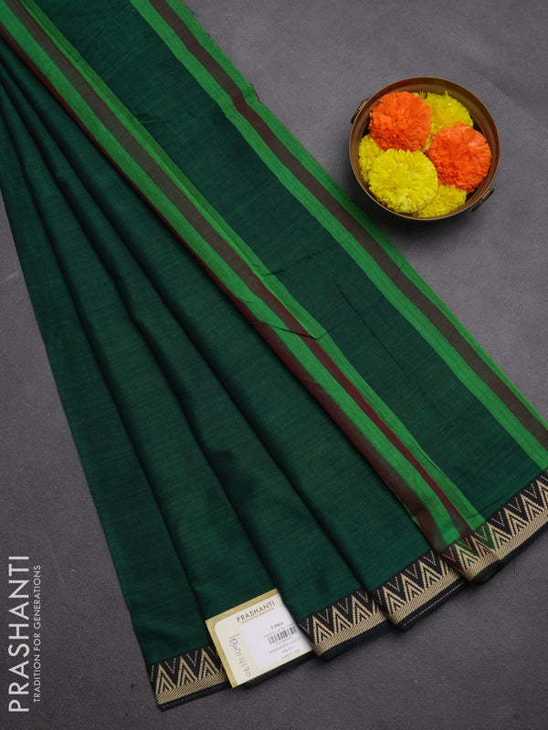 Narayanpet cotton saree green and black with plain body and temple design thread woven border