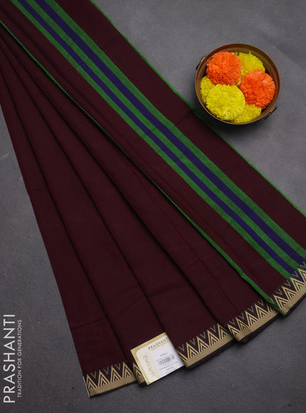 Narayanpet cotton saree deep maroon with plain body and temple design thread woven border