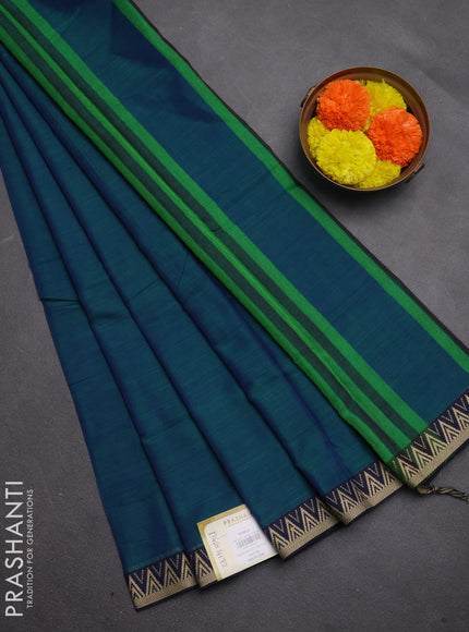 Narayanpet cotton saree dual shade of bluish green and deep violet with plain body and temple design thread woven border