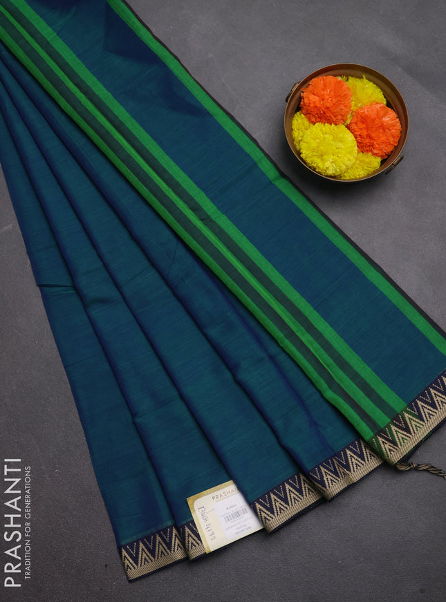 Narayanpet cotton saree dual shade of bluish green and deep violet with plain body and temple design thread woven border