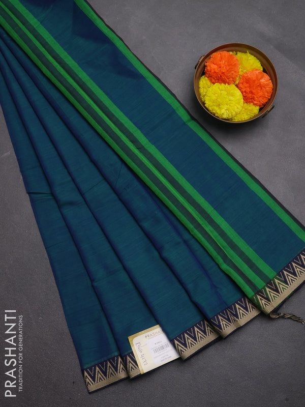 Narayanpet cotton saree dual shade of bluish green and deep violet with plain body and temple design thread woven border