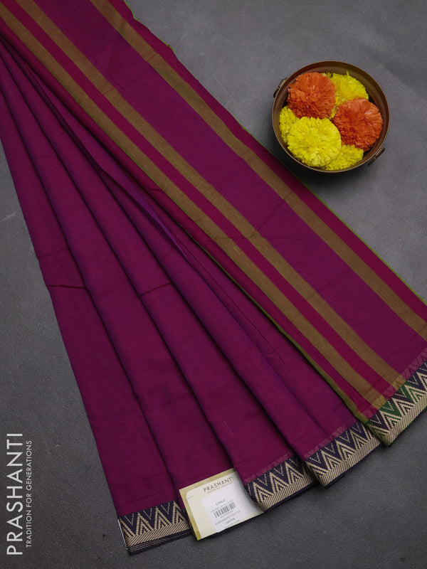 Narayanpet cotton saree magenta pink and deep violet with plain body and temple design thread woven border