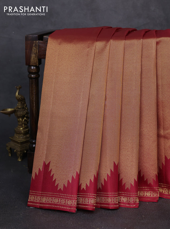 Pure kanchipuram silk saree red with plain body and temple design zari woven border