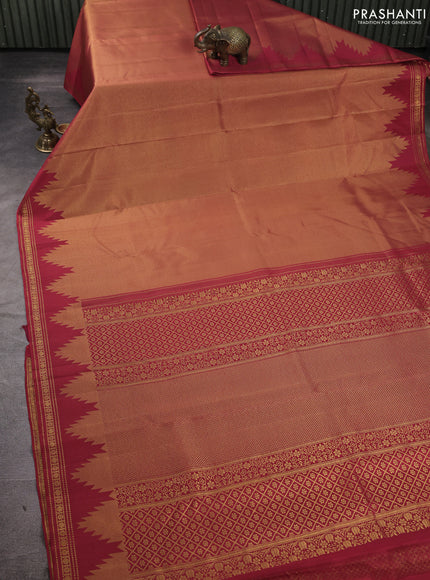Pure kanchipuram silk saree red with plain body and temple design zari woven border