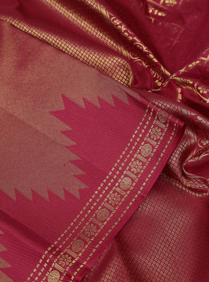 Pure kanchipuram silk saree red with plain body and temple design zari woven border