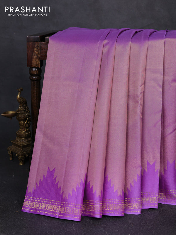 Pure kanchipuram silk saree lavender with plain body and temple design zari woven border