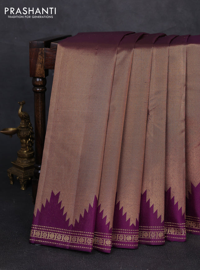 Pure kanchipuram tissue silk saree purple with plain body and temple design zari woven border
