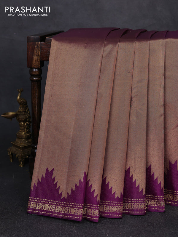 Pure kanchipuram tissue silk saree purple with plain body and temple design zari woven border