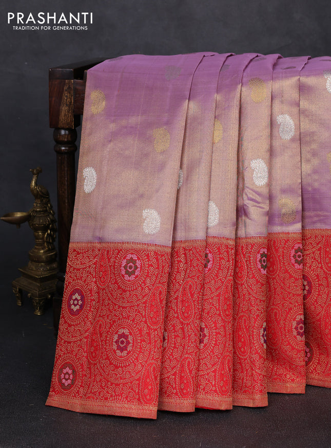 Pure kanchipuram tissue silk saree lavender and red with silver & gold zari woven paisley buttas and long zari woven banaras border