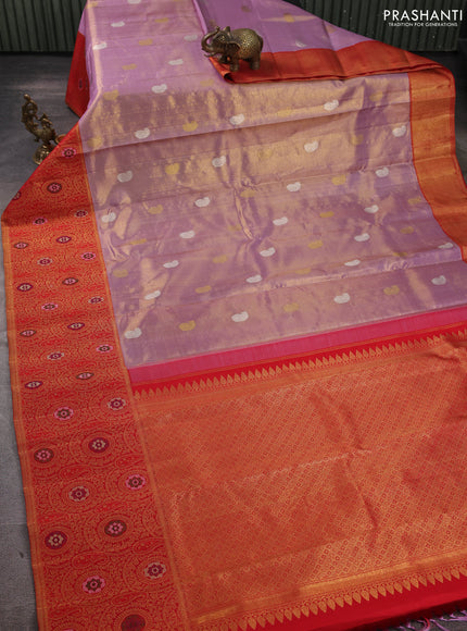 Pure kanchipuram tissue silk saree lavender and red with silver & gold zari woven paisley buttas and long zari woven banaras border