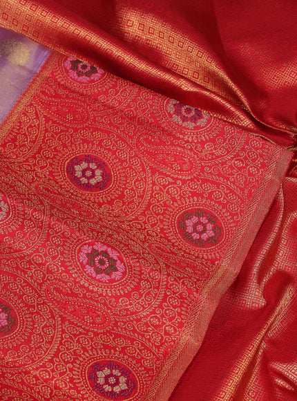 Pure kanchipuram tissue silk saree lavender and red with silver & gold zari woven paisley buttas and long zari woven banaras border