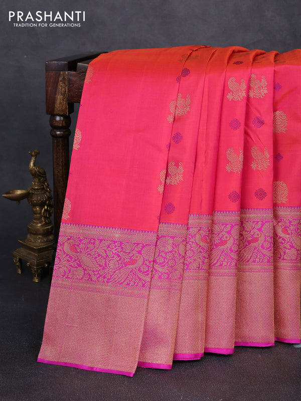 Pure kanchipuram silk saree dual shade of pink and magenta pink with zari woven buttas and long zari woven designer border