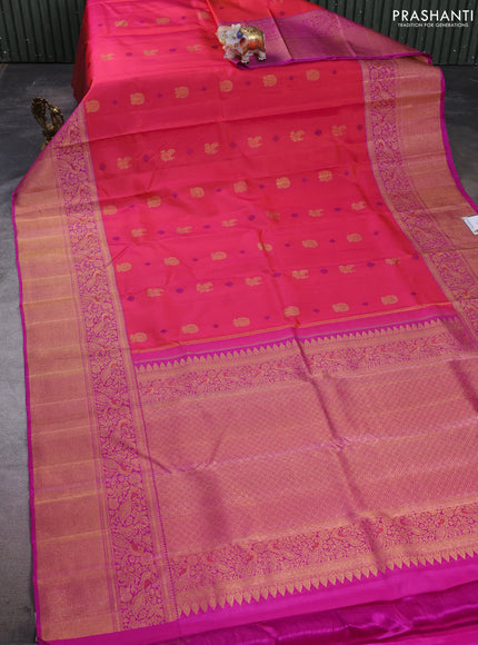 Pure kanchipuram silk saree dual shade of pink and magenta pink with zari woven buttas and long zari woven designer border