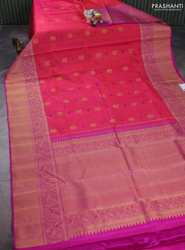 Pure kanchipuram silk saree dual shade of pink and magenta pink with zari woven buttas and long zari woven designer border